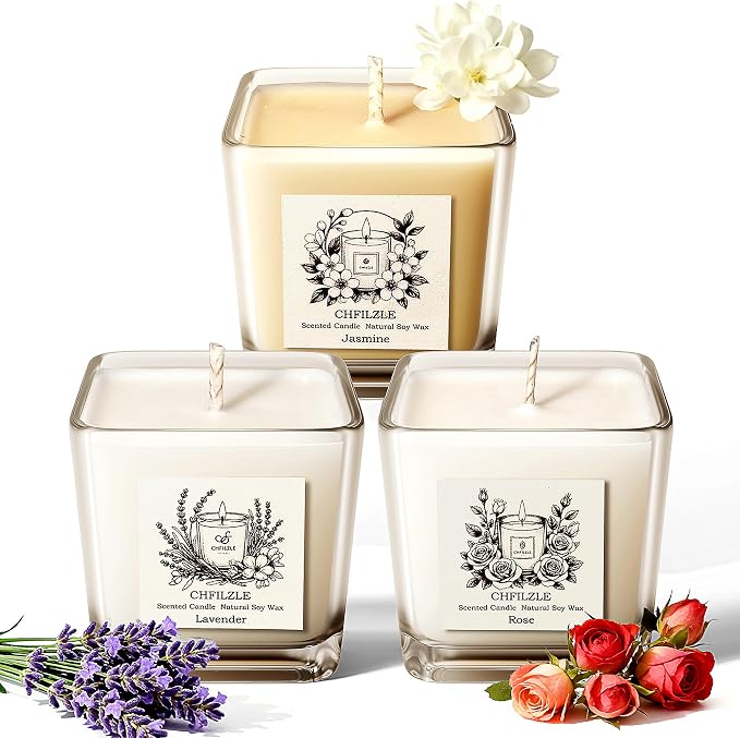 Handmade Natural Soy Scented Candles for Home 3 Pack | Lavender Candle, Rose and Jasmine Aromatherapy, Anthropologie Style Decor, Stress Relief Gifts for Women
