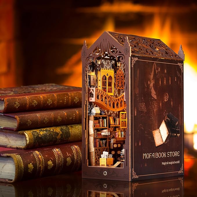Foyucool DIY Book Nook Kit, Miniature Dollhouse Bookshelf Insert with LED Light, 3D Wooden Puzzle Bookend Insert, Perfect for Teens and Adults, Magic Book