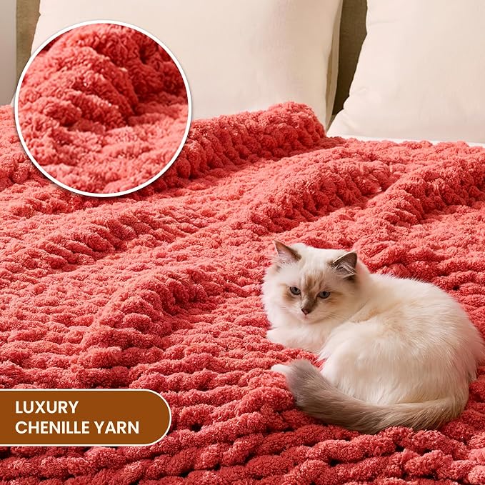 L'AGRATY Chunky Knit Throw Blanket for Couch, 60 x 80 Inches, Coral Pink | Handmade Chenille Crochet Blanket for Sofa Bed, Thick Cable Knitted Blankets for Room Home Decor, Birthday Gift for Women Mom