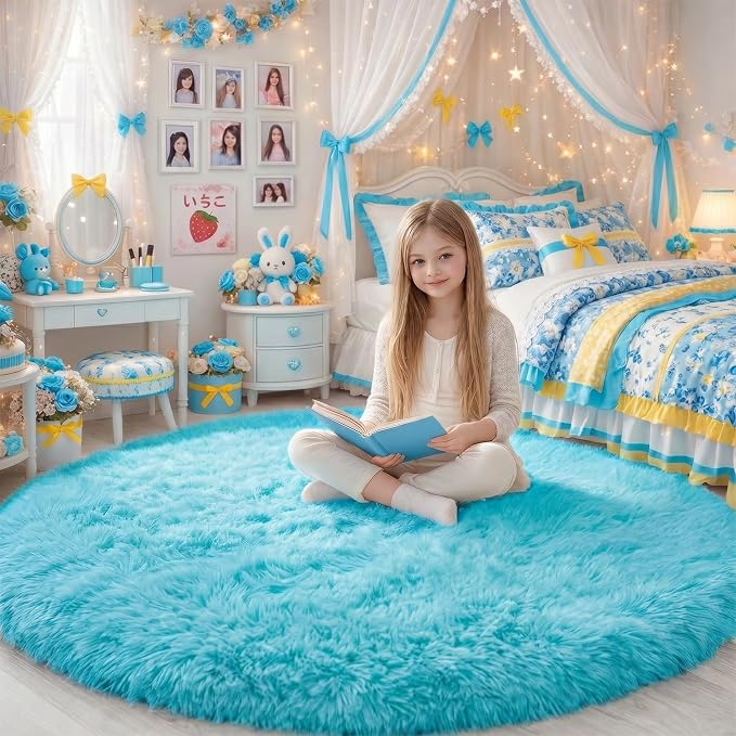 Amdrebio Blue Round Circle Rugs 6Ft for Kids Bedroom, Large Soft Fluffy Area Rug for Teen Girls Boys, Play Room Decor Aesthetic, Plush Shaggy Fuzzy Baby Carpet for Living Room Nursery Classroom Dorm