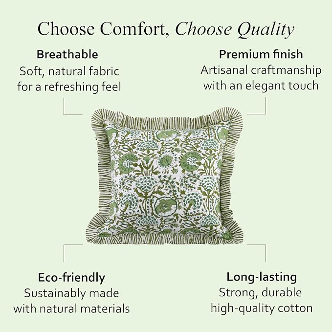 CPC Block Print Ruffle Throw Cover Agate Green 18"x18" Inch Pack of 2-100% Cotton Ruffle Couch Decorative Boho Pillows Case for Living Room, Bedroom, Sofa, Farmhouse Gift for Spring, Mother's Day