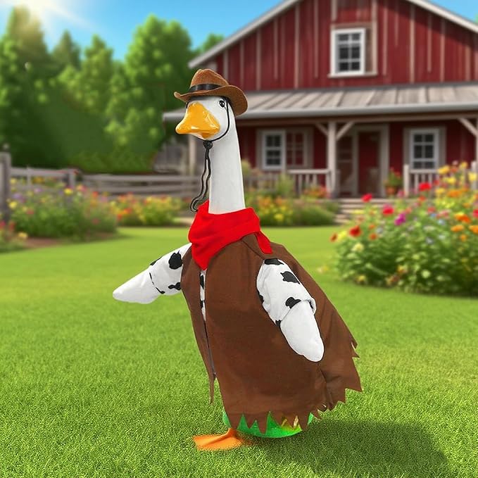 OBILAN Porch Goose Outfits, Western Cowboy Goose Outfits, and Cute Goose Clothes fit Large 23" H Statues for Outdoor Garden and Yard Decoration(Brown Denim)