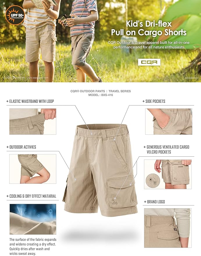 CQR Kids Youth Pull on Cargo Shorts, Outdoor Camping Hiking Shorts, Lightweight Elastic Waist Athletic Short with Pockets