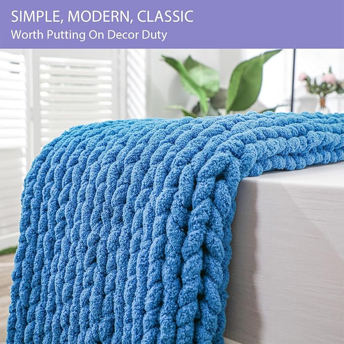 Bigacogo Chunky Knit Throw Blanket for Couch, 40x40 inches, Bright Blue | Hand Knit with Jumbo Chenille, Soft Breathable Cable Knit for Sofa Bed Living Room, Machine Washable, Gift for Mom Friend