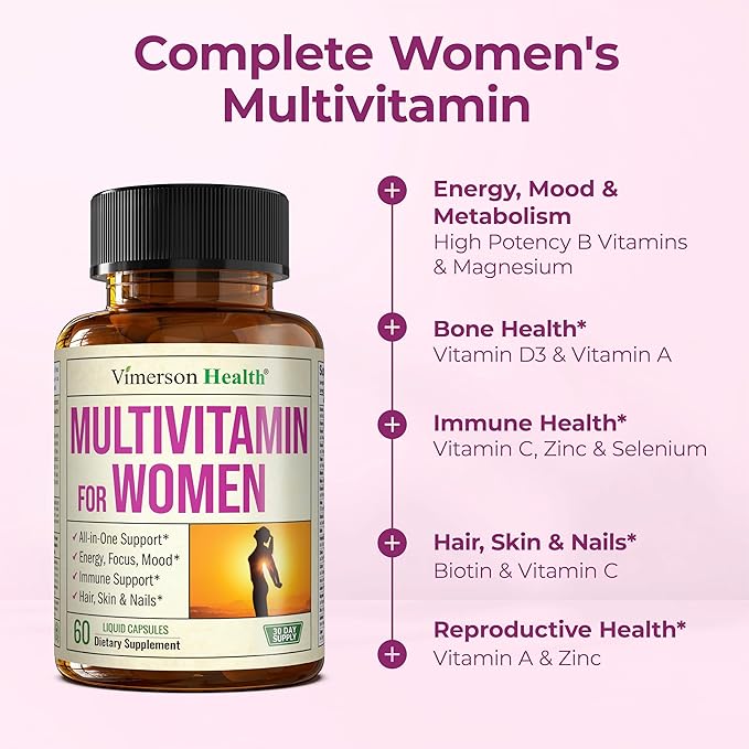 Multivitamin for Women with Bioavailable Vitamins, Minerals, Vitamin D, B12, C, A & Zinc for Energy, Focus and Immune Health – Premium Womens Multivitamins & Multiminerals – 60 Liquid Caps