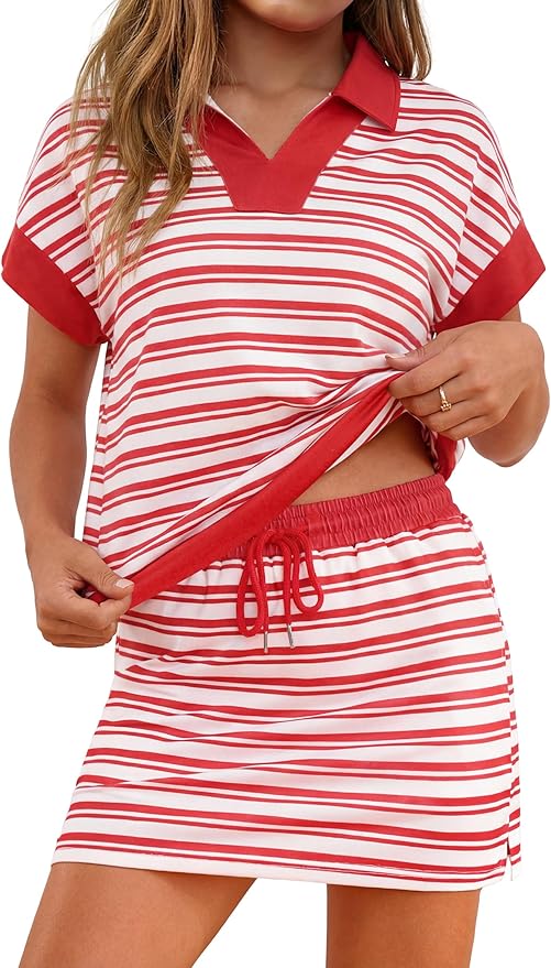 Womens Striped 2 Piece Outfits Skirt Set Summer Casual Short Sleeve Polo Skort Workout Set Matching Lounge Sets