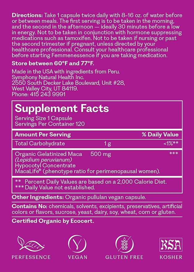 Femmenessence MacaLife – Clinically Proven Perimenopause Supplement for Women – Natural Hormone Balance, Mood, Hot Flashes & Night Sweats Relief – 240 Organic Vegan Capsules (120 Day Supply)