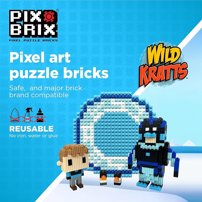 Pix Brix - Wild Kratts Pixel Art Kit - Emperor Penguin, 1482 Pieces - Patented Slide + Stack Pixel Puzzle Building Bricks, Build & Collect Wild Kratts Creature Powers - Stem Toys, Ages 6 Plus
