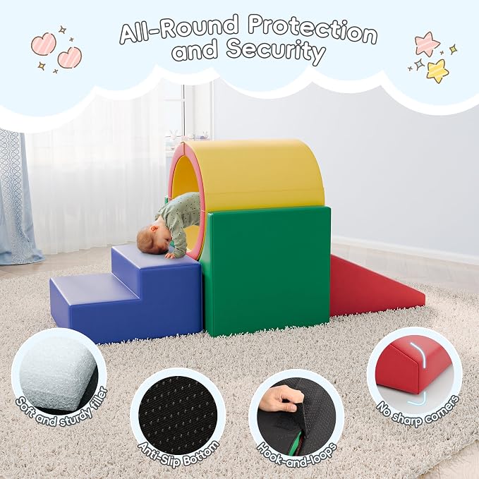 TOLEAD Tunnel/Ramps Foam Climber, Climb & Crawl Foam Activity Play Set for Toddlers and Kids, Safe Indoor Crawling Gym Equipment for,Infant,Baby Waterproof Easy to Clean