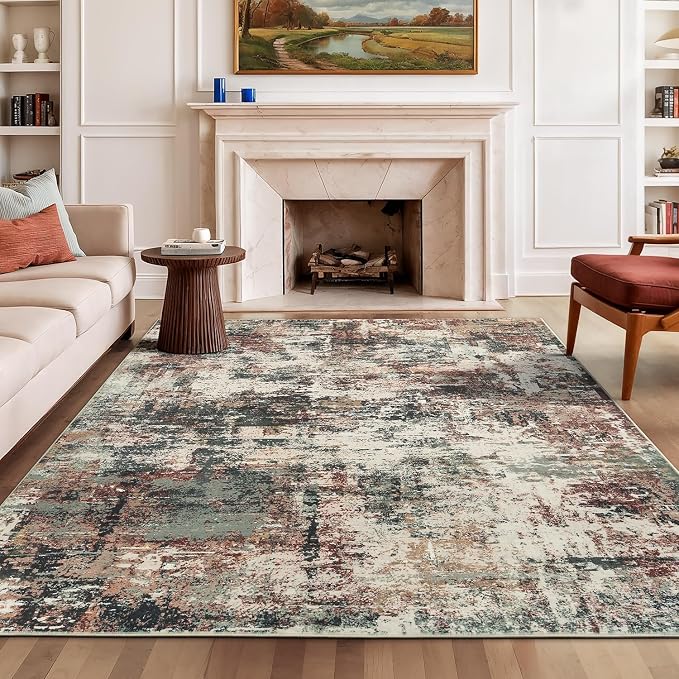 Rugflix 5x7 Area Rugs for Living Room, Washable Rust Brown Green Large Rug | Machine Washable; Stain-Resistant; Low Pile; Non-Slip; Modern Abstract; Carpet for Bedroom Dining Office Nursery Home