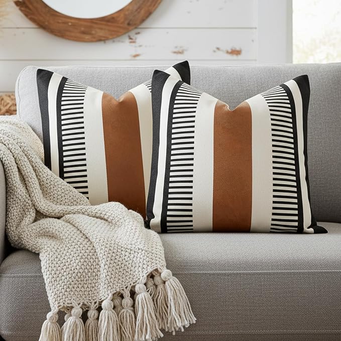 Pack of 2 Faux Leather and Cotton Patchwork Throw Pillow Covers for Sofa Couch Farmhouse Decorative Square Cushion Cover Boho Stripe Accent Pillow Case 20 x 20 Inch, Black