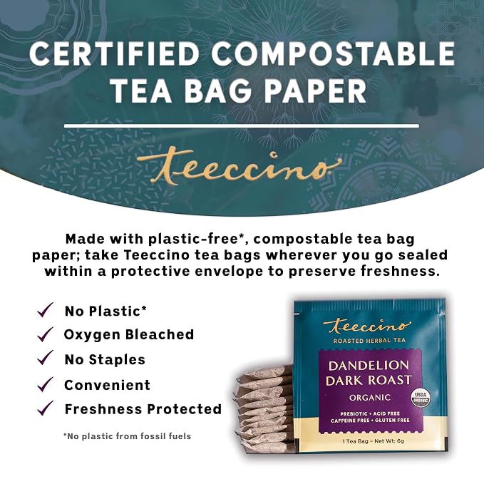 Teeccino Dark Roast Dandelion Tea - Rich & Roasted Herbal Tea That’s Caffeine Free & Prebiotic with Detoxifying Dandelion Root, 25 Tea Bags (Pack of 3)