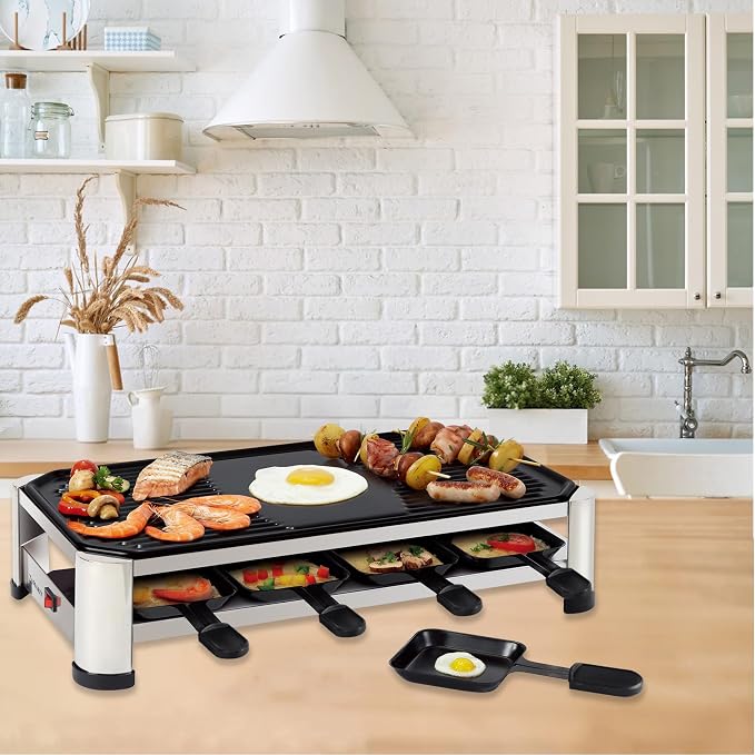 TAMARIT 8-Person Raclette Grill, Electric Table Grill for family gatherings | 8 Nonstick raclette pans, 8 spatulas, 1500 W, Stainless Steel