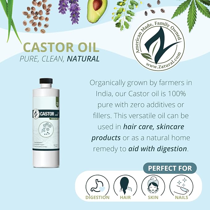 Zatural Castor Oil Naturally Grown 100% Pure Cold Pressed Castor Oil Hexane Free Hair Growth Eylash Serum and Eybrows or Body Wraps and Detox (16oz)