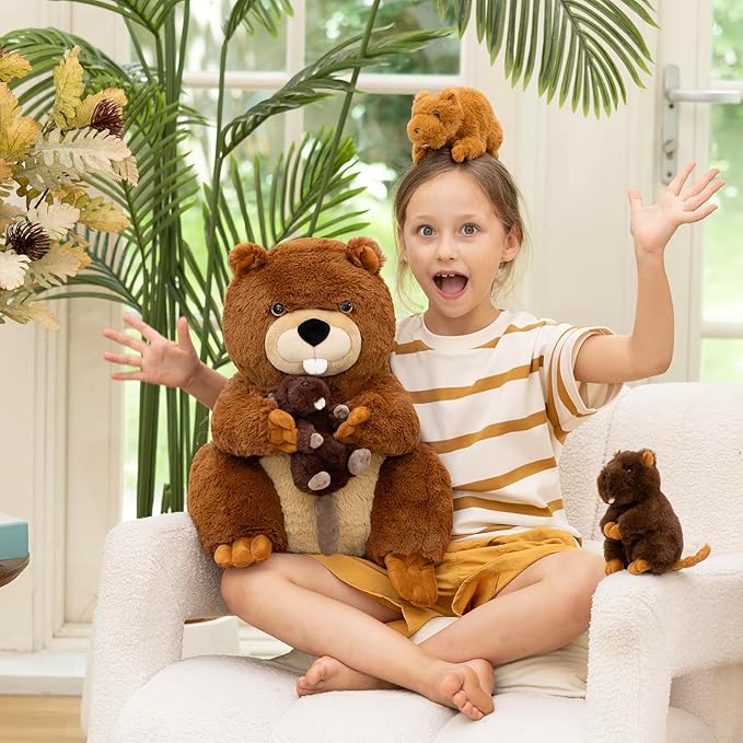 MaoGoLan 4Pcs Beaver Stuffed Animals with Three Babies Inside,17.7" Fluffy Giant Beaver Plush Gift,Funny Beave Plushie Woodland Toys for Kids,Teens,Baby Shower,Christmas