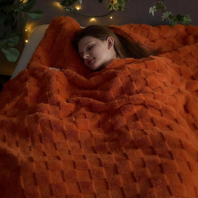 NEWCOSPLAY 3D Checkered Flannel Queen Blanket, Orange Checkered, 90"x90" | Super Soft Cute Lightweight Decorative Premium Silky Fleece Blanket for Couch Sofa Bed, Gift for Women Men, All Season Use