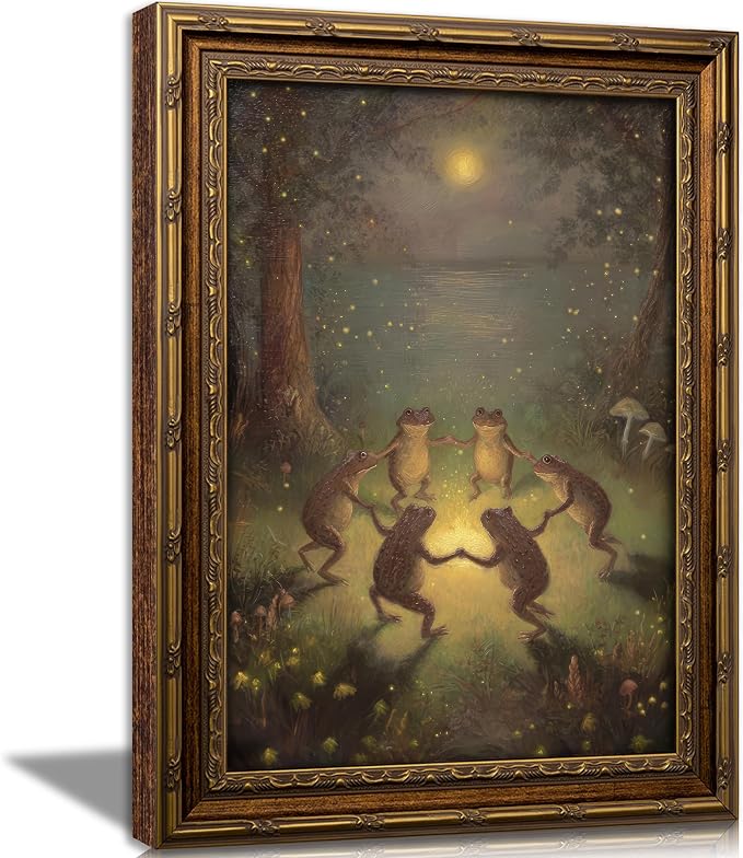 Vintage Gold Framed Frog Wall Art,Frogs Dancing in Moonlight Forest Painting Canvas Prints,Whimsical Animal Wall Decor,Retro Country Toad Poster Artwork for Corridor Living room Bedroom Kitchen