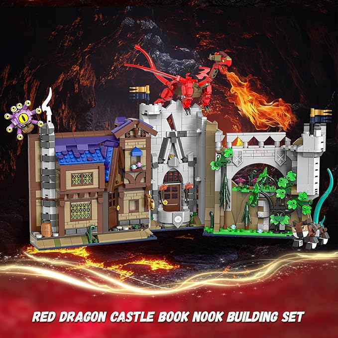 Red Dragons Medieval Castle Book Nook Building Set, Unique Bookend for Bookshelf & Home Decor, Compatible with Lego Adults, Dragon Toy Gift for Kids Boys 8-14 (1234 PCS)