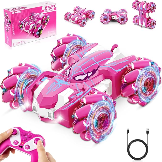 Remote Control Car for Girls, Rechargeable RC Cars Toys with Cool Lights, 2.4Ghz Double Sided Drift RC Stunt Cars, 360°Rotating 4WD Off-Road Race Car for 4-6 6-12 Girl Kids Gifts