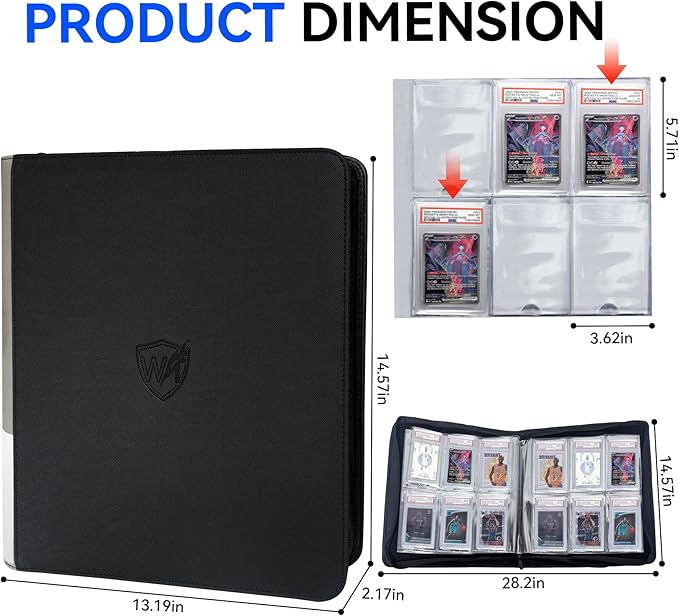 Graded Card Binder, Holds 60 PSA Slabs, 6 Pocket Slab Binder for PSA CGC CSG Slabs, Premium Ringless Zipper Card Collection Album,gray-black