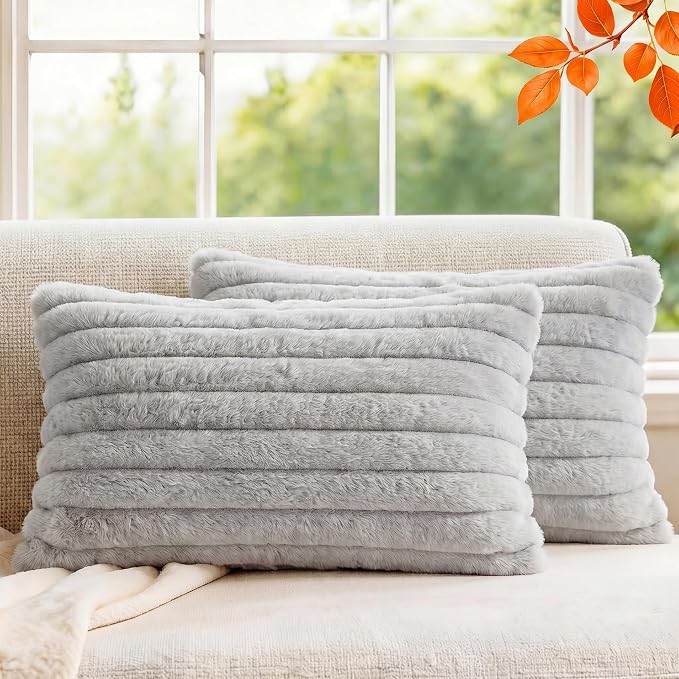 Pack of 2 Throw Pillow Covers 20x12 Decorative Solid Plush Faux Fur with Soft Velvet Back, Square Striped Cushion Cases Modern Farmhouse Home Decor for Living Room Couch Sofa Bed Neutral Gray