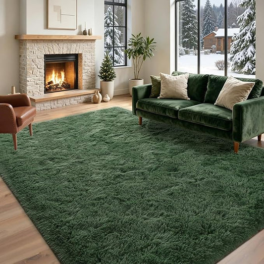 5x7 Green Area Rugs for Living Room Fluffy Shag Rug, Plush Bedroom Grass Carpet for Kids Teens Indoor Classroom Home Decor Aesthetic
