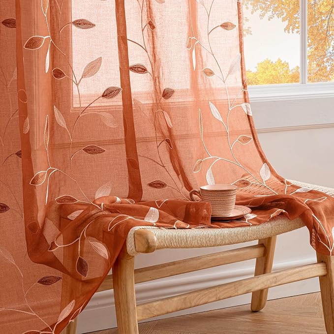 MIULEE Burnt Orange Sheer Curtains 2 Panels Embroidered Leaf Patterned Rod Pocket Floral Semi Faux Linen Short Fall Window Curtains Drapes Set for Kitchen Living Room Bedroom, 52x54 Inches Length