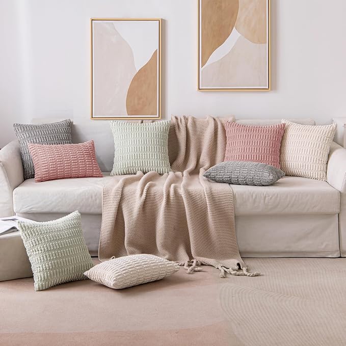 MIULEE Euro Sham Corduroy Decorative Throw Pillow Covers 24x24 Blush Pink | Pack of 2 Soft Boho Striped Pillow Covers Modern Farmhouse Home Decor For Sofa Living Room Couch Bed