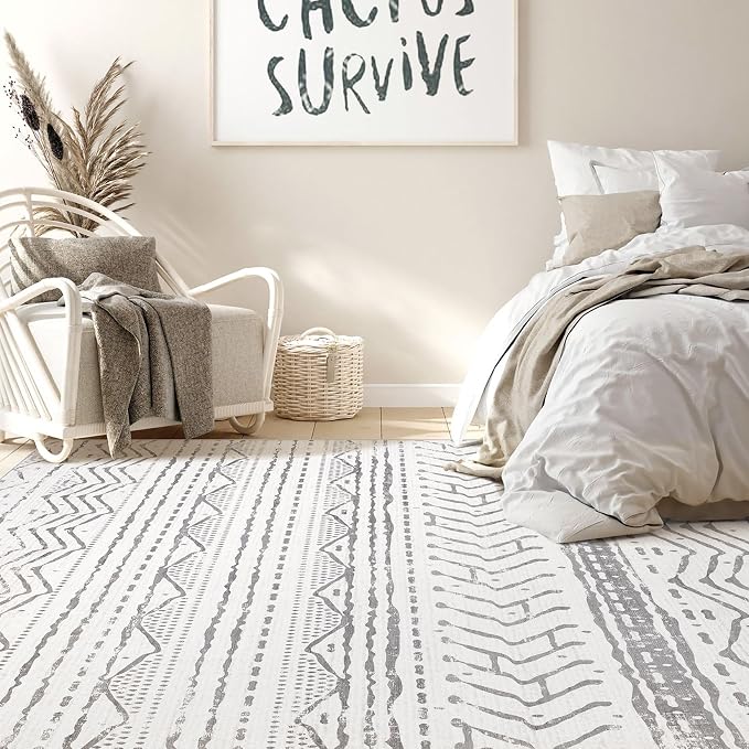 Nakagishi Boho 5x7 Area Rug Living Room Rugs Machine Washable Grey White | Soft, Pet & Kid Friendly, Carpet for Living Room/Bedroom/Office/Kitchen/Nursery, Daily Home Decor Stain Resistant Moroccan