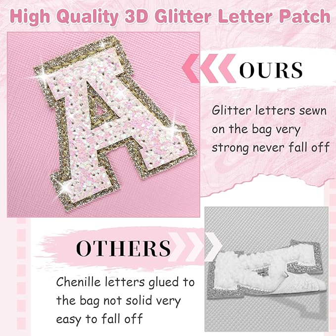 Small Personalized Initial A-Z Patch Makeup Bag,Pink Cute PU Leather Glitter Letter Cosmetic Bag for Teen Girls,Travel Toiletry Bag with Zipper,Preppy Monogrammed Birthday Gift for Daughter Niece T
