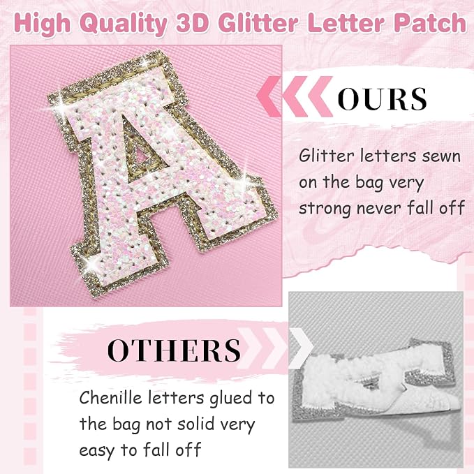 Small Personalized Initial A-Z Patch Makeup Bag,Pink Cute PU Leather Glitter Letter Cosmetic Bag for Teen Girls,Travel Toiletry Bag with Zipper,Preppy Monogrammed Birthday Gift for Daughter Niece I