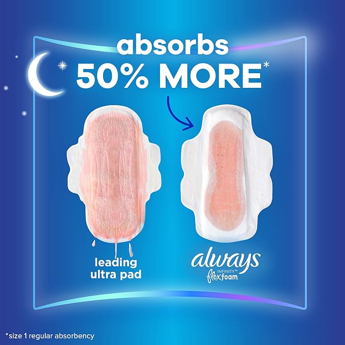 Always, Infinity with FlexFoam Pads for Women, Size 4, Overnight Absorbency with Wings, 26 Count (Pack of 2)