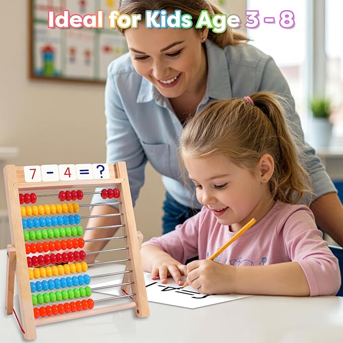 Wooden Abacus for Kids Math, Counting Toys for Toddlers Montessori Counters Beads Tools Preschool Homeschool Essentials with Sticks and Number Alphabet Cards