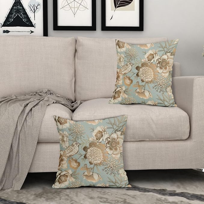 Vintage Floral Pillow Covers 20X20 Inch Set of 2 Rose Gold Flowers Bird Butterfly Decorative Pillow Cases Blue Brown Cotton Linen Cushion Case Farmhouse Home Decor for Sofa Couch Living Room