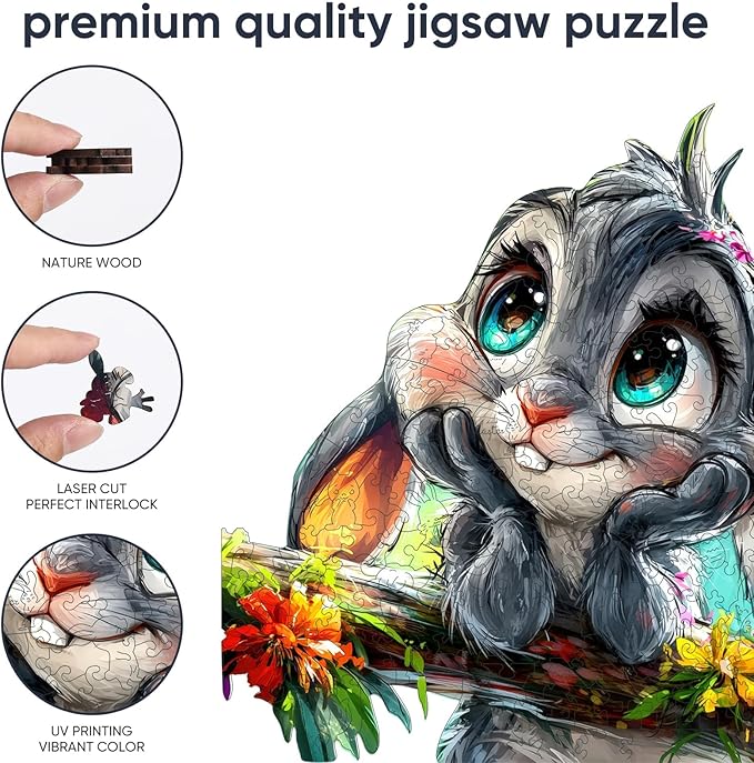 Qiuenisray Easter Wooden Puzzles for Adults, Rabbit Jigsaw Puzzles 200 Piece, FSC Certified Royal Unique Shape Animal Wood Puzzle, Creative Gift for Family Game 11.1x11.4 in