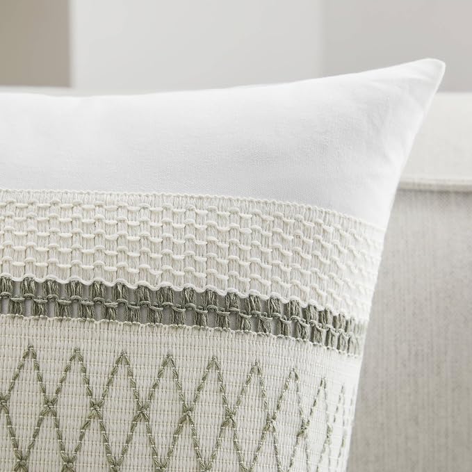 2pk Boho Pillow Covers 20x20, Natural White/Grid/Green | 100% Organic Cotton Body, Stripe Embroidery, Farmhouse Decorative Cushion Covers for Sofa Bed Living Room Home Decor