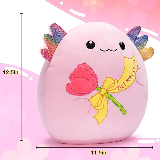 Get Well Soon Axolotl Large Plush Pillow Stuffed Animal Toy Patient Feel Better,12.5" Big Size Cute Soft Plushie,Gift for Kids Girls