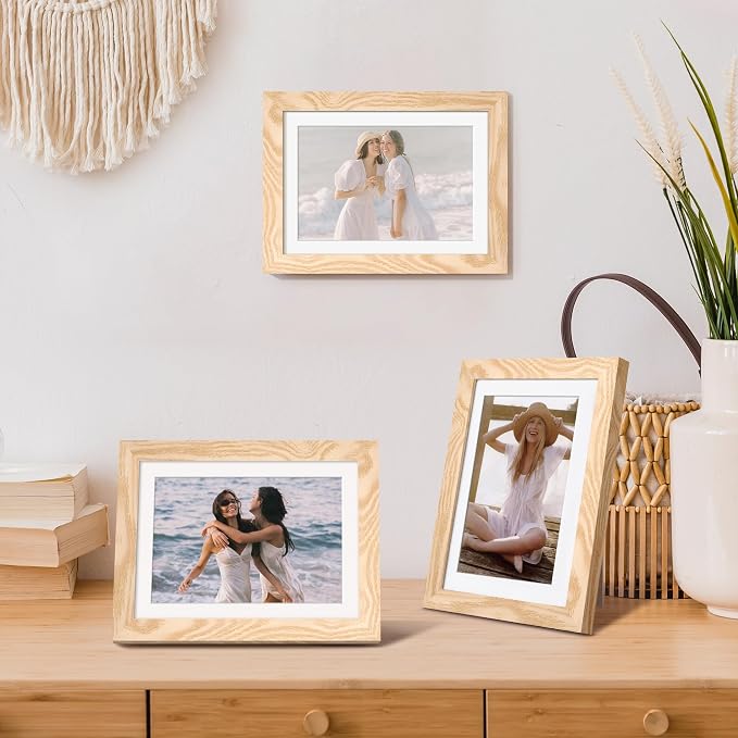 upsimples 5x7 Picture Frame, Display Pictures 4x6 with Mat or 5 x 7 Without, Wall Hanging Photo Frames, Natural Style, 1 Pack
