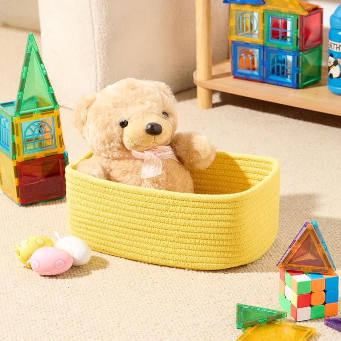 MiniArk Small Storage Baskets for Organizing | Closet Organizer Bins | Shelf Toy Basket | Woven Rope Baskets | Cube Decorative Box | Shallow Basket | 11.5x7.5x4.7” | 3 Packs Yellow