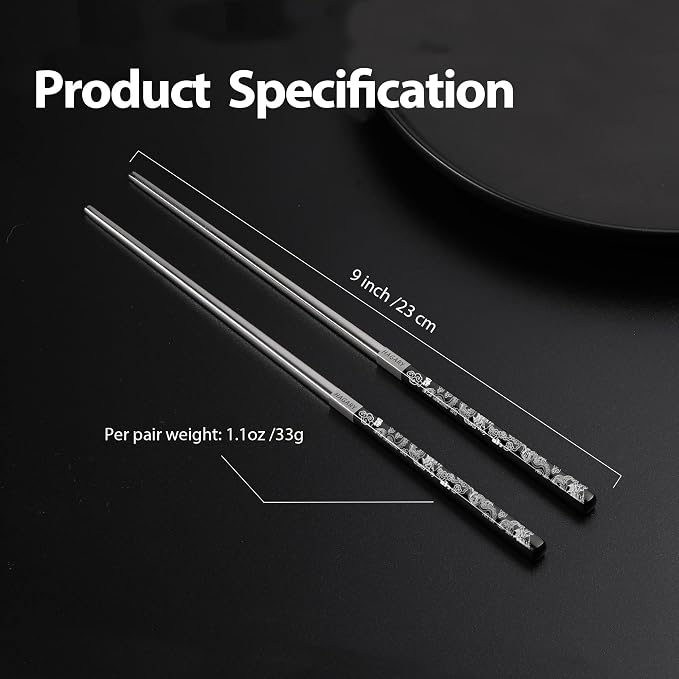 Hagary Dragon Chopsticks Metal Reusable Designed In Korea Japanese Style Stainless Steel 316 18/10 Non-Slip Dishwasher Safe Laser Etched (Black - 5 Pairs)