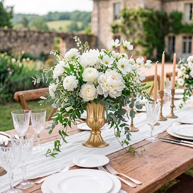 Sziqiqi Gold Metal Vase for Centerpiece, Table Flower Arrangements, 10Pcs | 9in Tall Compote Vase, Trumpet Urn Vase for Decoration, Planter Pot for Artificial Flower, For Reception, Home, Party Decor