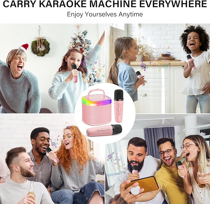 JYX Mini Karaoke Machine for Kids, Portable Bluetooth Karaoke Speaker Unpowered Cabinets with 1 Wireless Microphones and Party Lights and Adults, Birthday Gifts for Girls Boys Family Home Party(Pink)