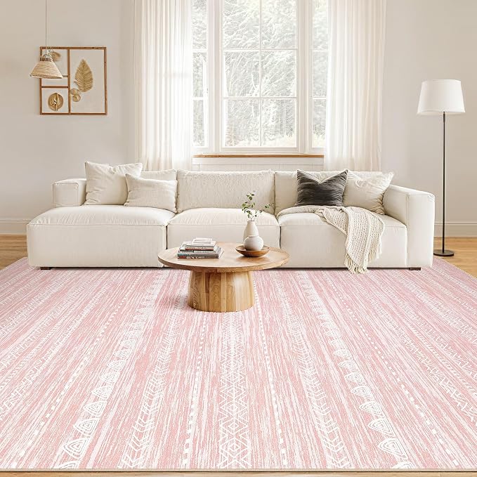 Nakagishi Boho 7x9 Area Rug Living Room Rugs Machine Washable Pink | Soft, Pet & Kid Friendly, Carpet for Living Room/Bedroom/Office/Kitchen/Nursery, Daily Home Decor Stain Resistant Moroccan