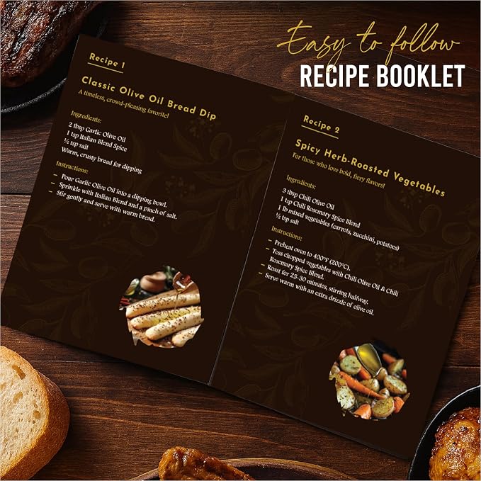 Infused Olive Oil Gift Set – Variety Pack - 4 Flavored Olive Oil Extra Virgin, 3 Spice Flavorful Infusion Blends, Bread Dipping Bowl & Recipe Booklet - Set of 8 – Gourmet Cooking Gifts for Women - Gift For Dad