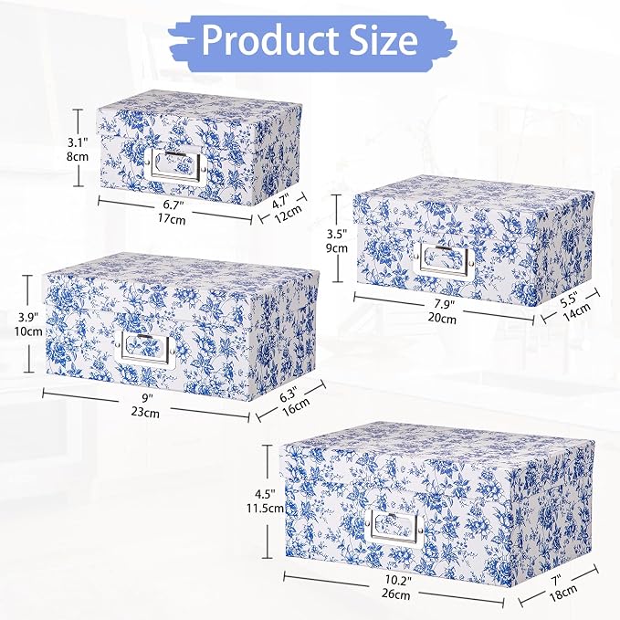 Briful Blue White Floral Nested Decorative Storage Boxes with Lids | 4Pcs Vanity Desktop Organizer Bin, Cardboard Photo Boxes Storage for Makeup, Office Supplies, Entryway Shelf Decor, Gift Box