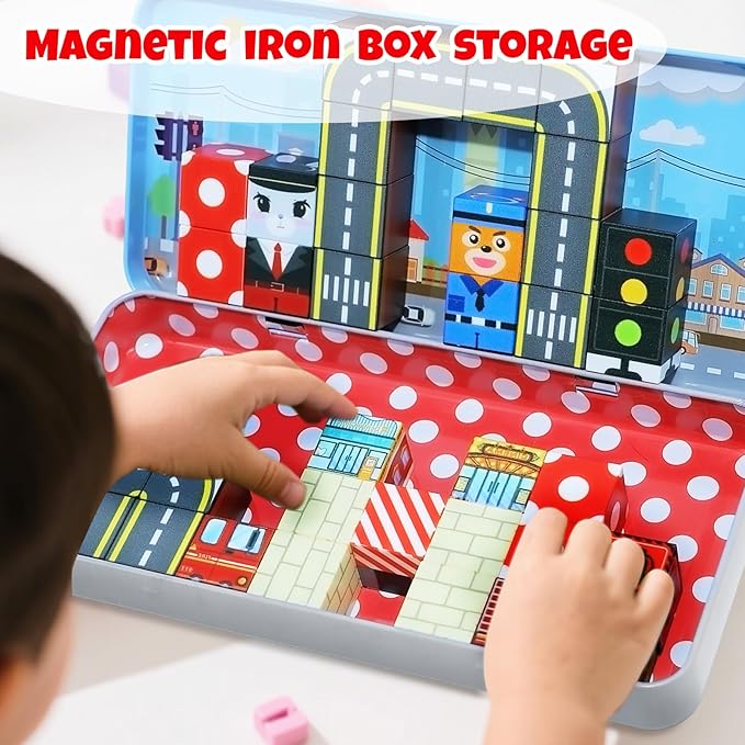 Magnetic Blocks Set, 35PCS Educational STEM Travel Building Toys for Kids 3+, Portable Magnetic Block with Metal Storage Box, Toddler Learning Toys for Boys Girls 4-8 Birthday Gift(Road Transport)
