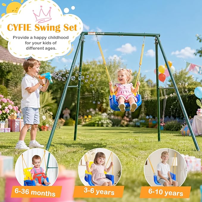 CYFIE Toddler Swing Set, 4-in-1 Kids Swing Sets for Backyard, Indoor/Outdoor Baby Swing with Heavy Duty Metal Stand, Suitable Gift for Aged 6 Months to 10 Years Old