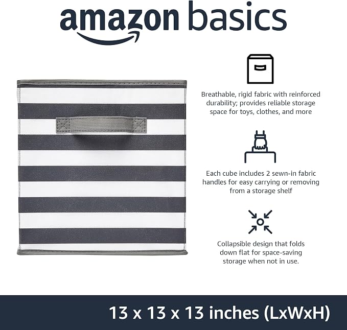 Amazon Basics Collapsible Fabric Storage Bins with Handles, Cube Organizer for Organizing, 13"x13"x13", White/Light Grey Stripe, 6-Pack