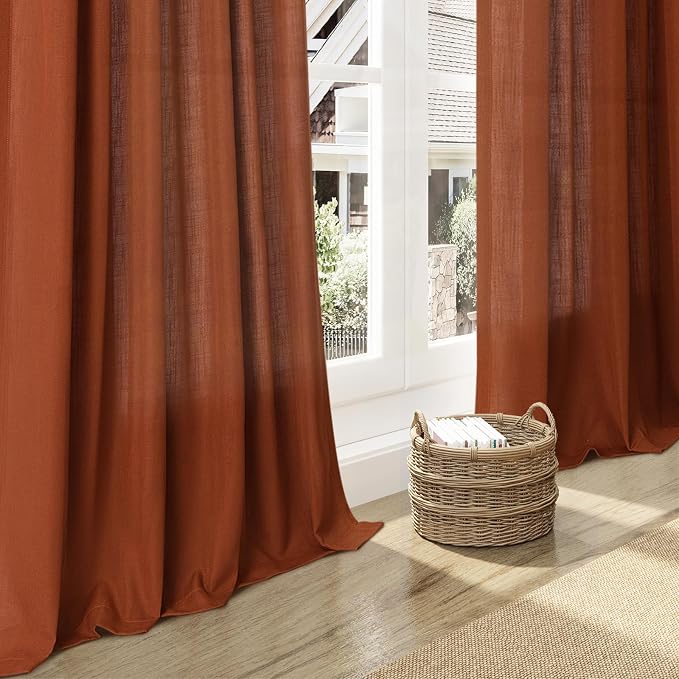 Nanspring Rust Linen Curtains 94 inches Long 2 Panel Back Tab Rod Pocket Rustic Farmhouse Boho Curtain for Dining Room Brick Burnt Bohemian Terracotta Colored Semi Sheer Curtains 94 inch Length