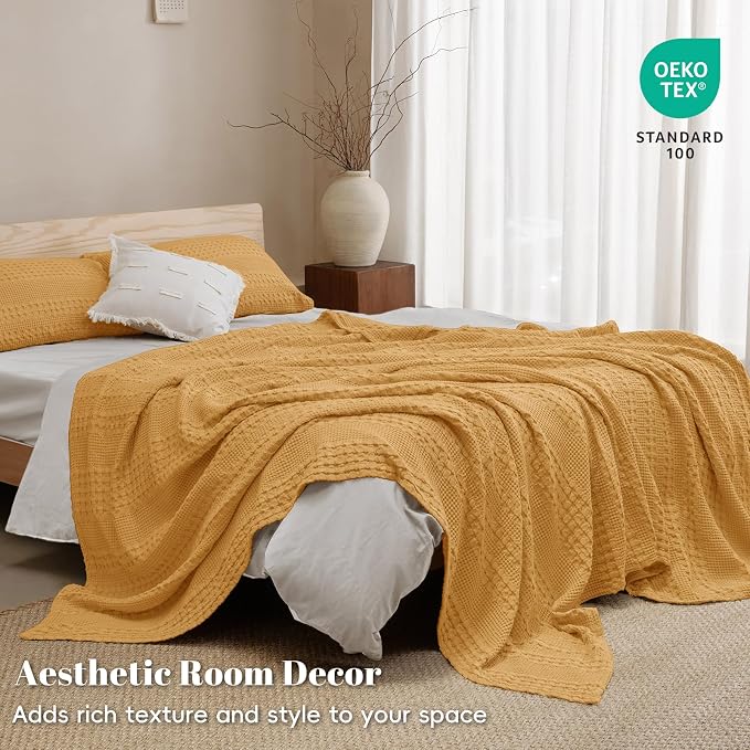 PHF 100% Cotton Waffle Weave Blanket King Size, Lightweight Breathable Summer Blanket for Hot Sleepers, Pre-Washed Soft Layer for Bed, Couch, Home Decor Gift, 108"x90", Pumpkin Orange